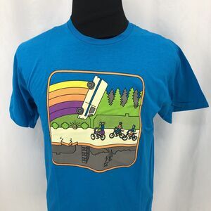 Super 7 Bike Ride Upside Down Neon Short Sleeve Blue Crew Neck T Shirt Small NWT